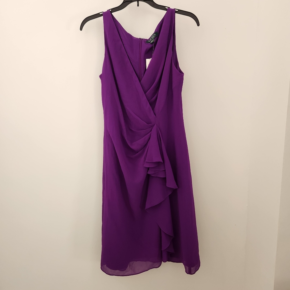 NWT Ralph Lauren | Ruffled Georgette Cocktail Dress in Purple, Size 4